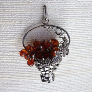 Vtg – Amber & Sterling Silver necklace pendant – Basket of Grapes